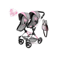 Bayer Neo Twin Doll Pram Grey and Pink with Butterfly Motif 26233