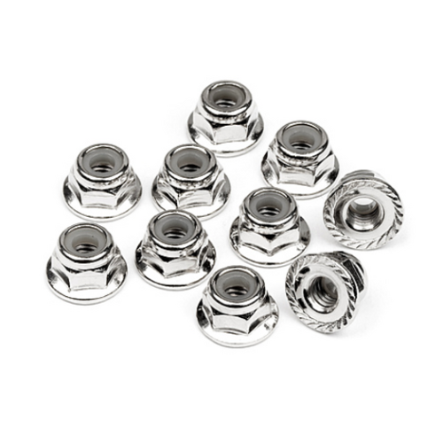 HPI Serrated Flange Lock Nut M4 (Silver/10Pcs) [103729]