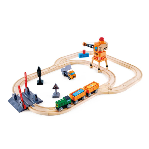 Hape Wooden Railway Crossing & Crane Set 3732