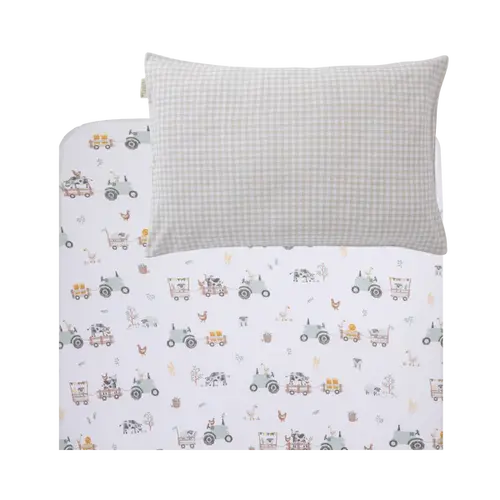 Living Textiles Cotton Jersey Port-a-cot Fitted Sheet & Pillow Case - Tractor Ride 9115487